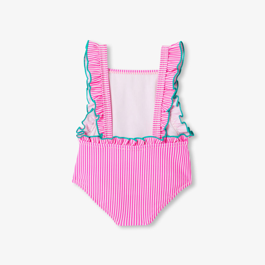 Prugasti kupaći kostim s volanima
